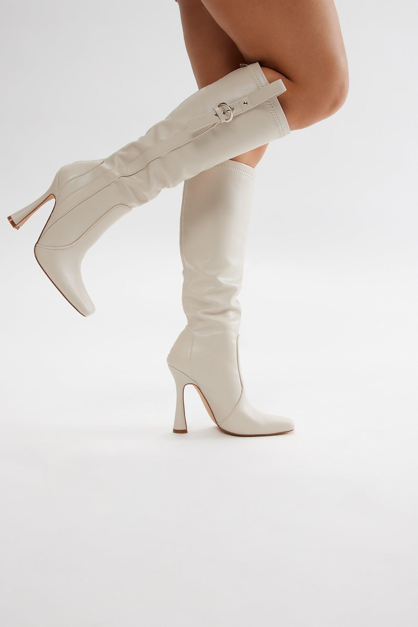Anika Buckle Knee High Boots - Beige Product Image