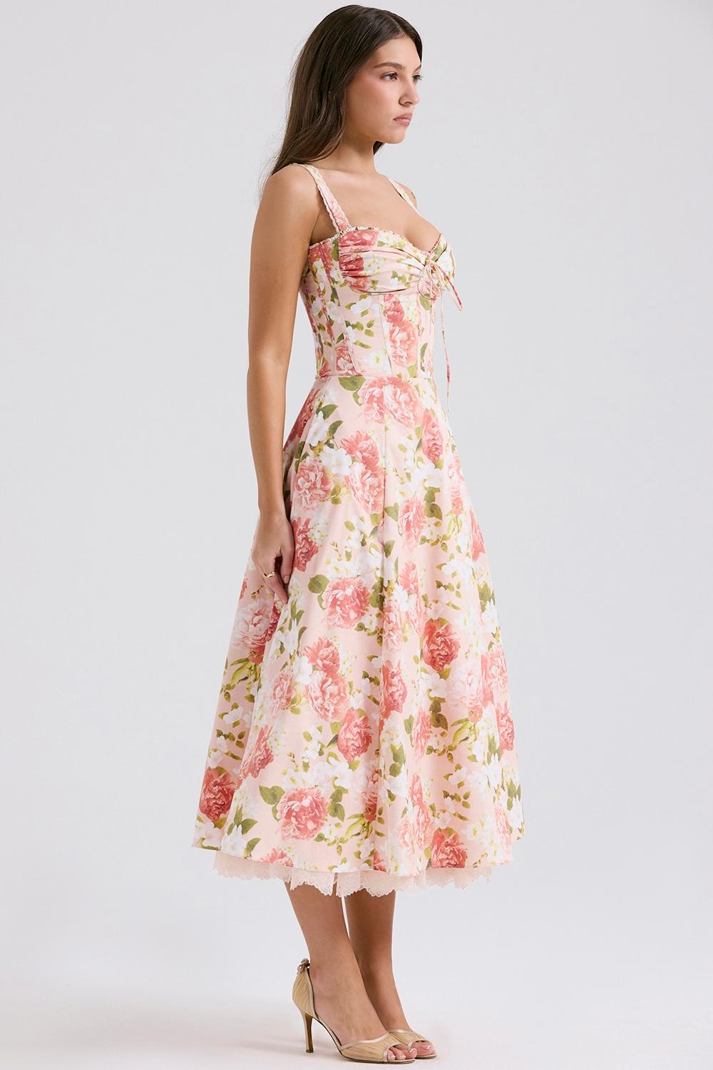 Rosalee  pink peony print cotton bustier sundress Product Image