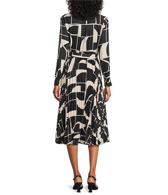 Maggy London Geometric Abstract Print Button Down Collar Neck Long Sleeve Pleated Tie Front Midi Dress Product Image