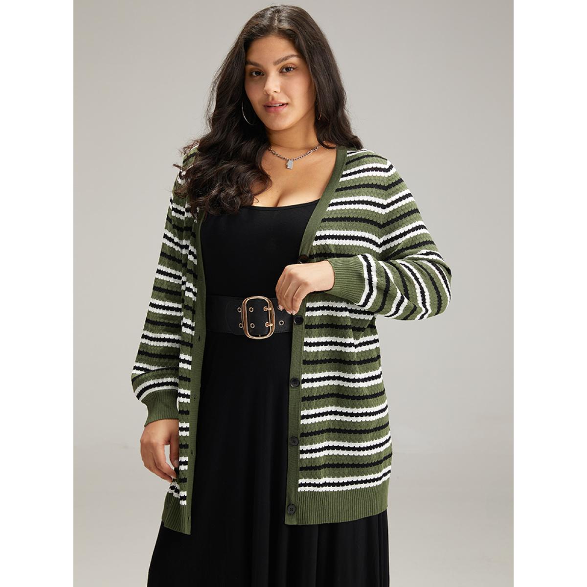 Plus Size Striped Contrast Elastic Cuffs Button Through Cardigan Multicolor Women Glamour Loose Long Sleeve Dailywear Cardigans BloomChic 10/M Product Image