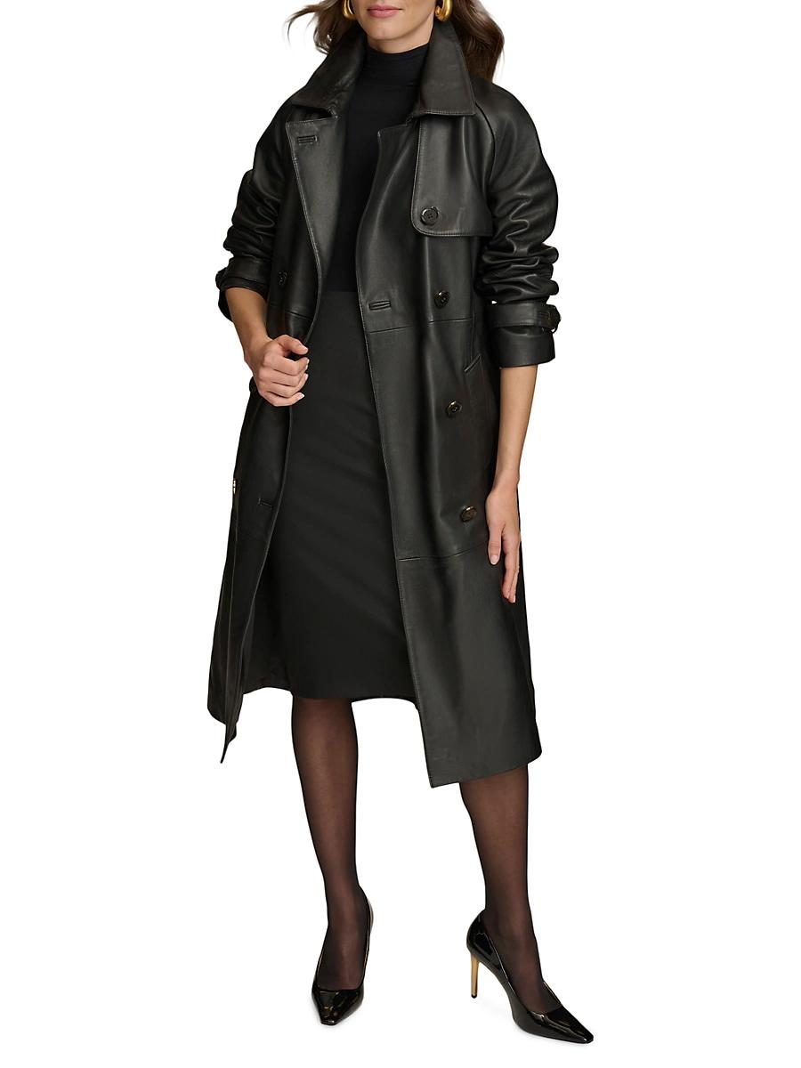 Womens Leather Belted Double-Breasted Trench Coat Product Image