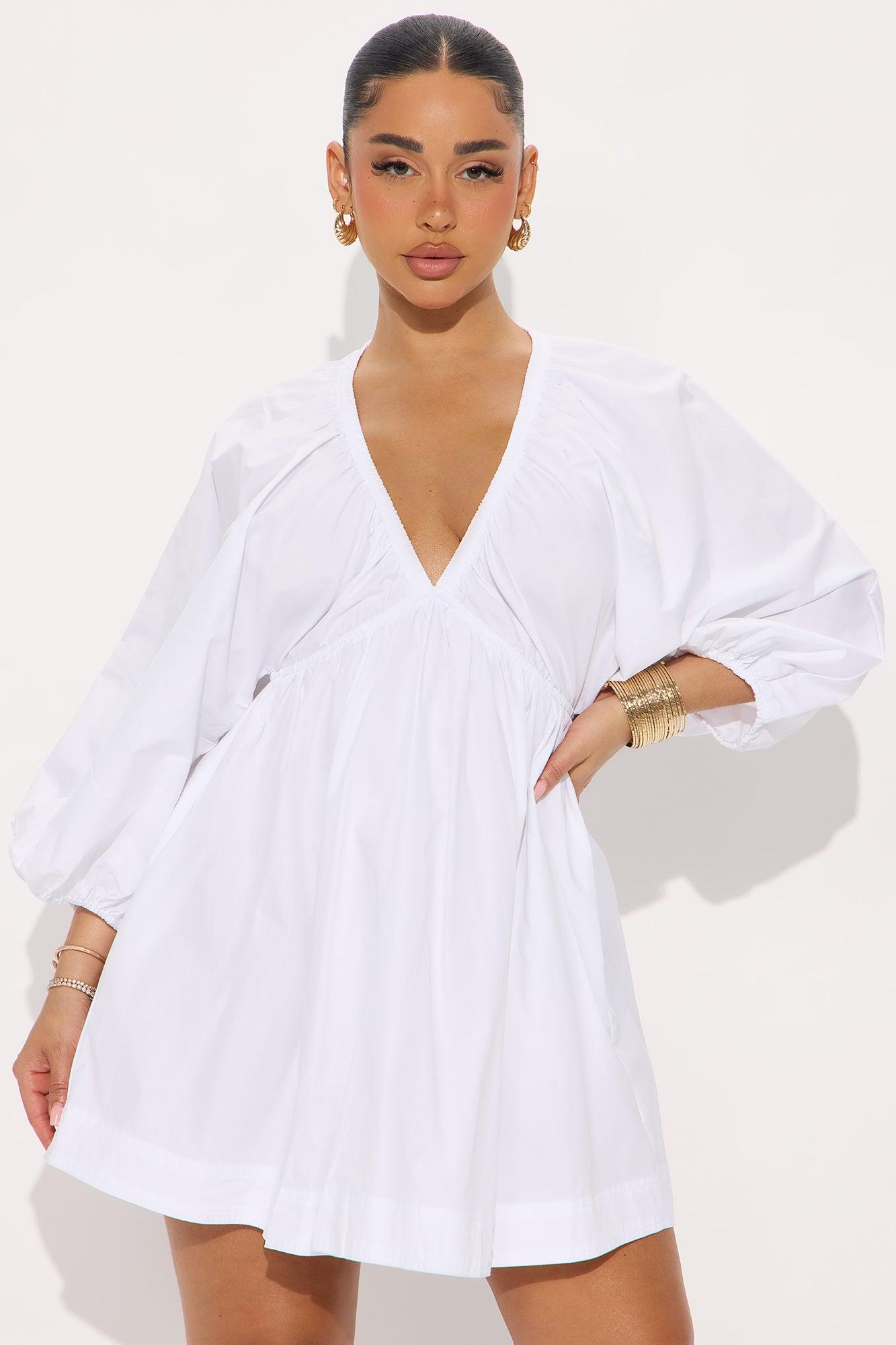 Amaya Poplin Puff Sleeve Mini Dress - White Product Image