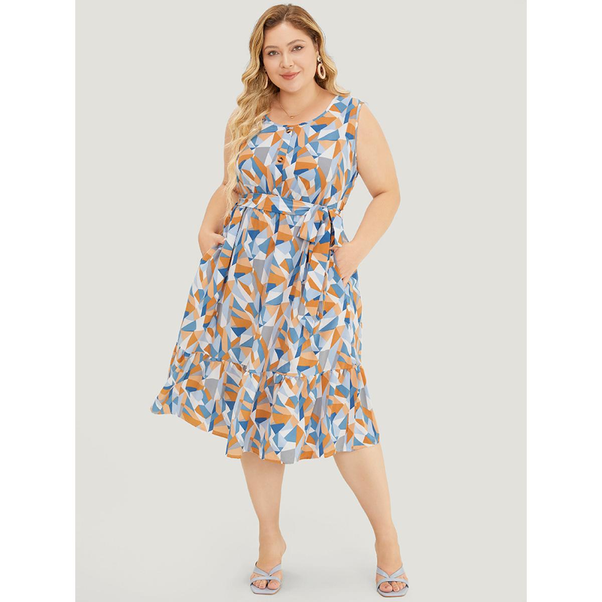 Plus Size Geometric Belt Ruffle Hem Pocket Button Detail Tank Dress Multicolor Women Elegant Contrast Round Neck Sleeveless Curvy Knee Dress BloomChic 26/4X Product Image