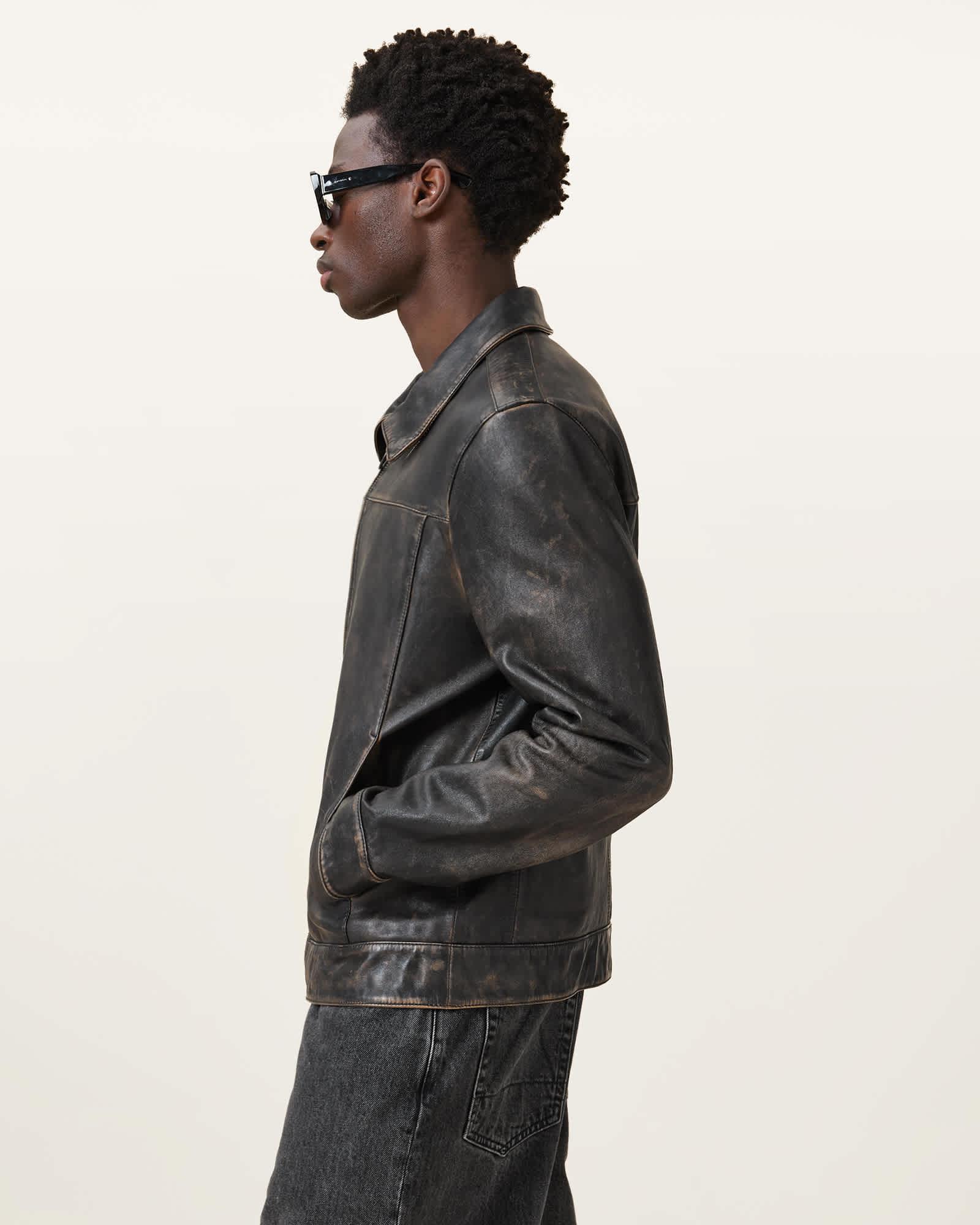 Alkan Zip Up Two Tone Leather Jacket Vintage Black | ALLSAINTS US Product Image
