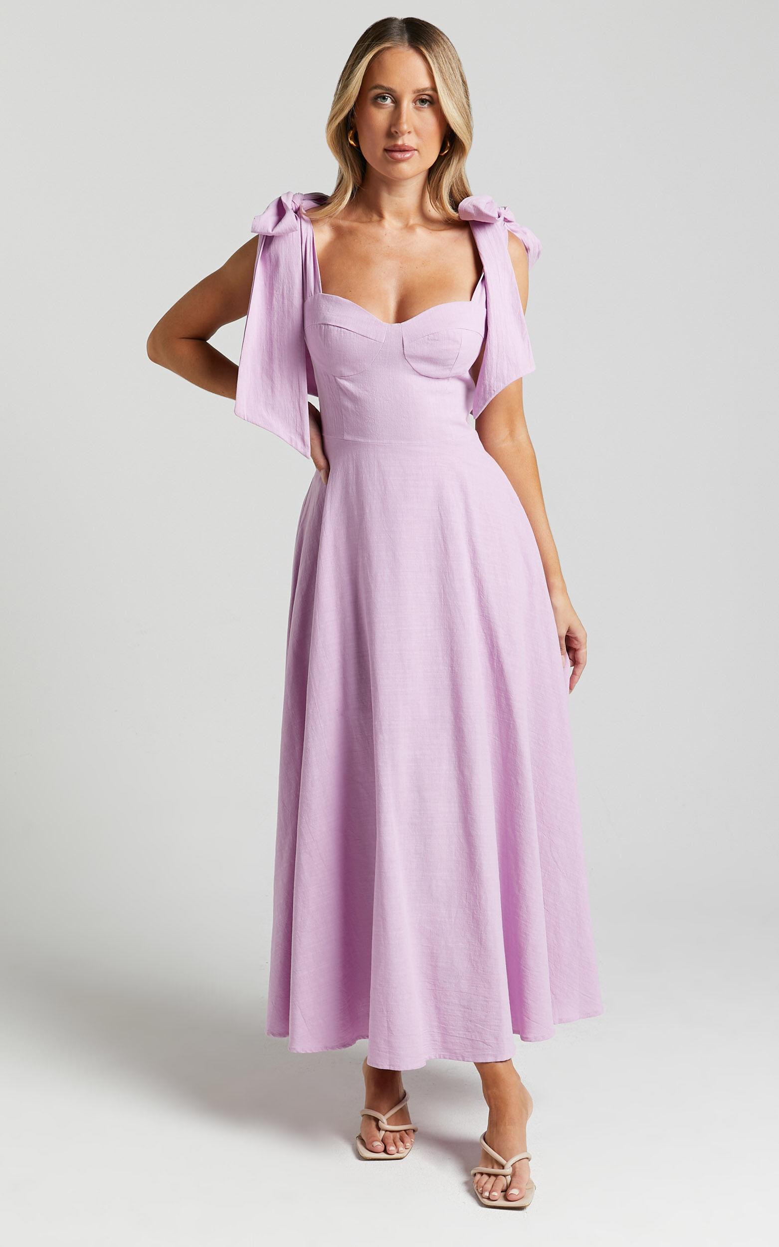Tymia Midi Dress - Shoulder Tie Bustier Shirred Back A Line in Lavender Product Image