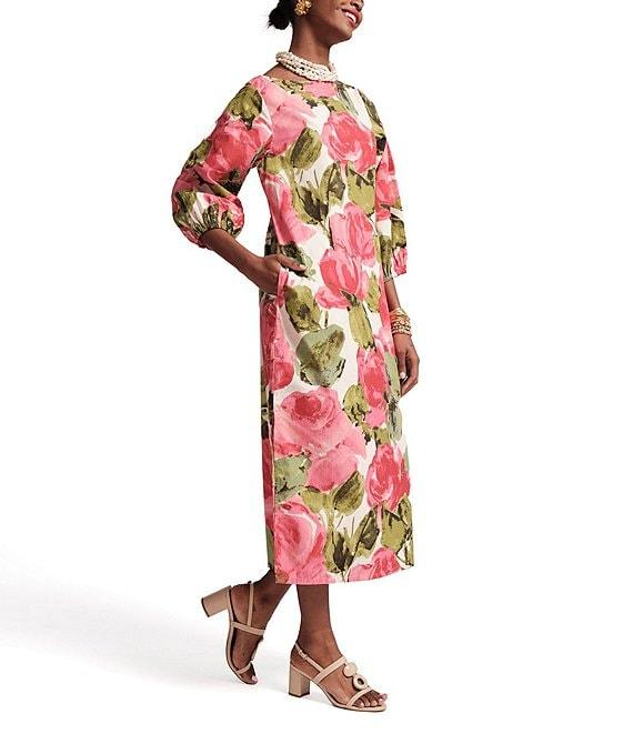 FRANCES VALENTINE Minnow Pretty Peonies Print Boatneck 3/4 Bishop Sleeve Midi Dress Product Image