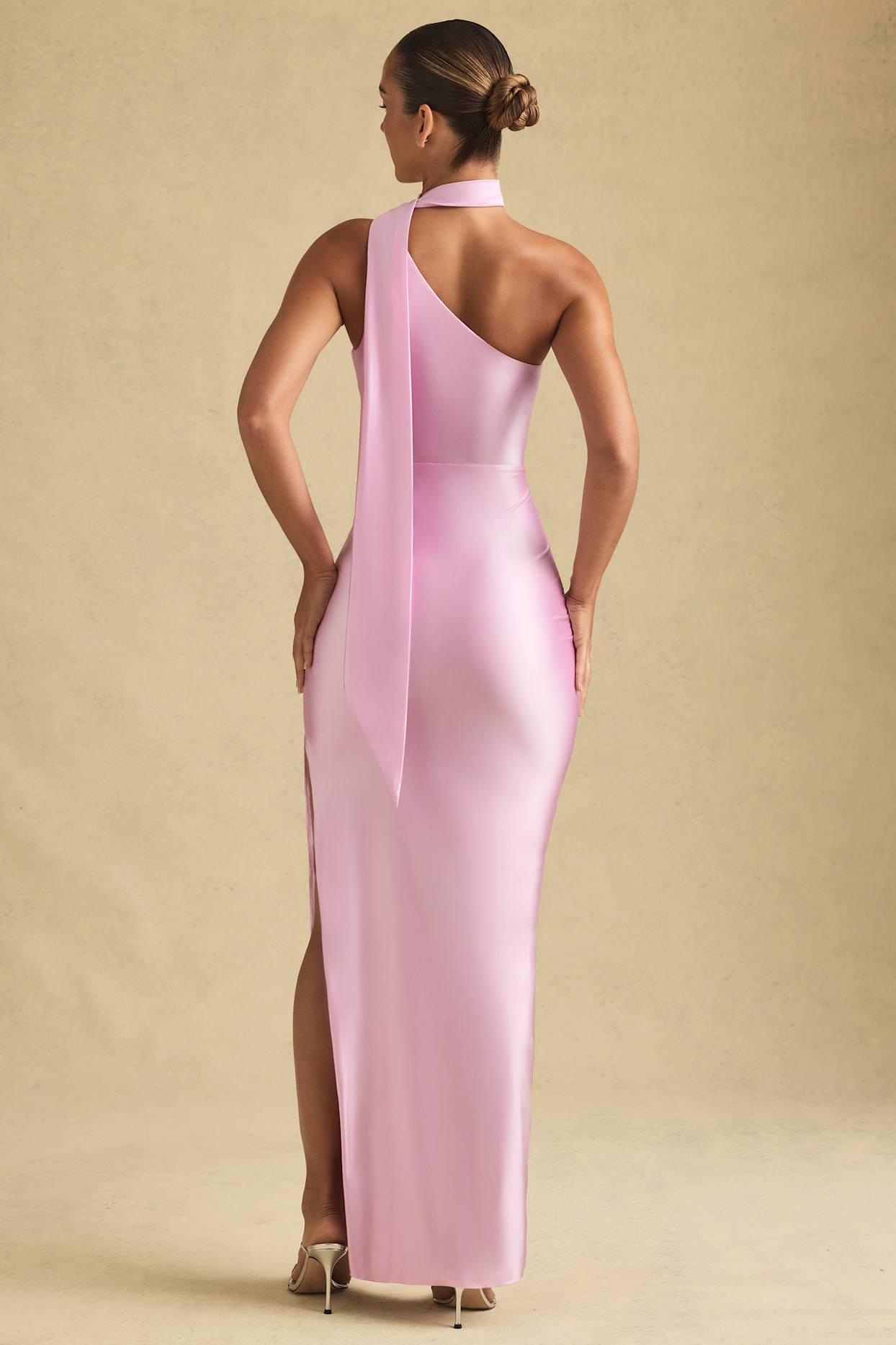 Asymmetric Scarf-Detail Maxi Dress in Soft Pink Product Image