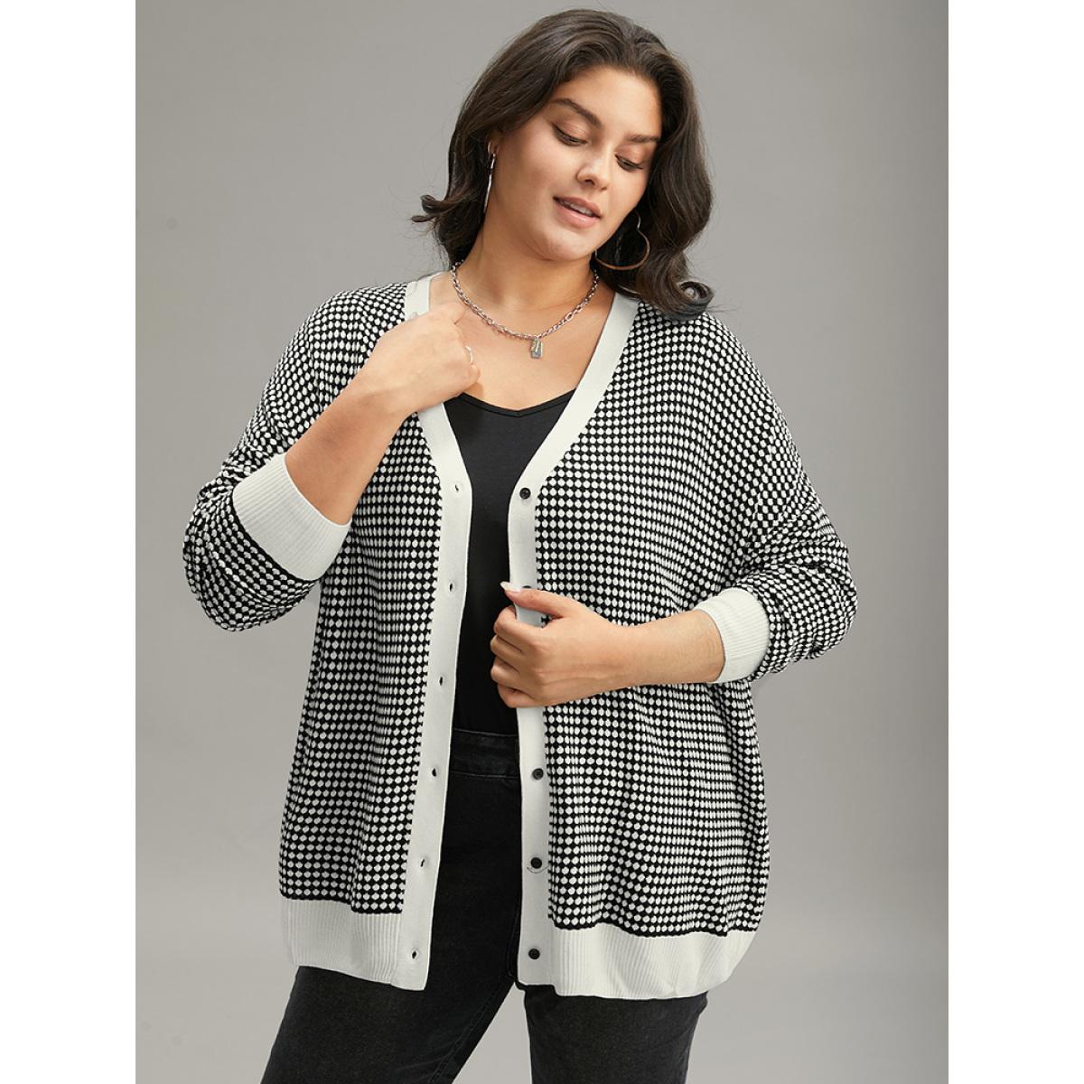 Plus Size Polka Dot Patchwork Button Through Cardigan Black Women Casual Loose Long Sleeve Dailywear Cardigans BloomChic 30/6X Product Image