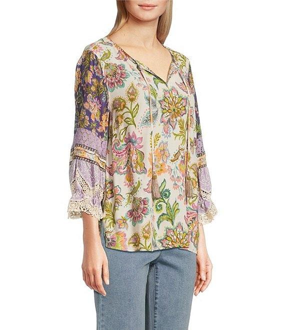 John Mark Embroidered Floral Split Tassel Tie Neck 3/4 Ruffle Sleeve Peasant Top Product Image