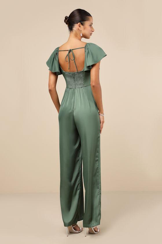 Amazing Perfection Dark Sage Green Satin Flutter Sleeve Jumpsuit Product Image