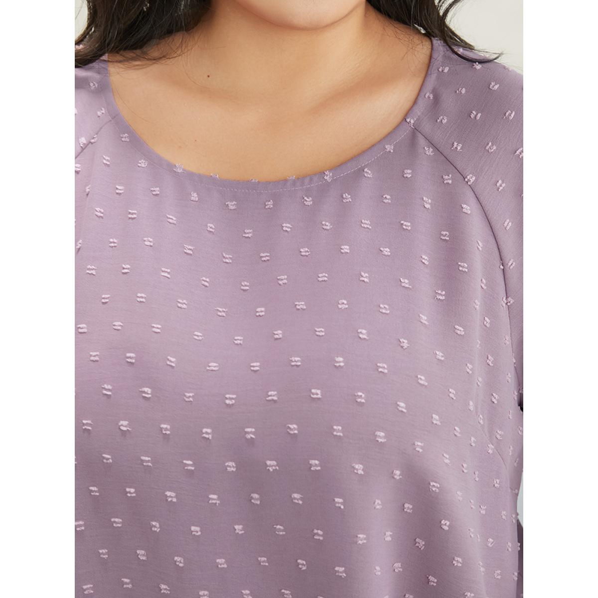 Plus Size Mauve Polka Dot Round Neck Ruffle Sleeve Blouse Women Casual Elbow-length sleeve Round Neck Dailywear Blouses BloomChic 12/L Product Image