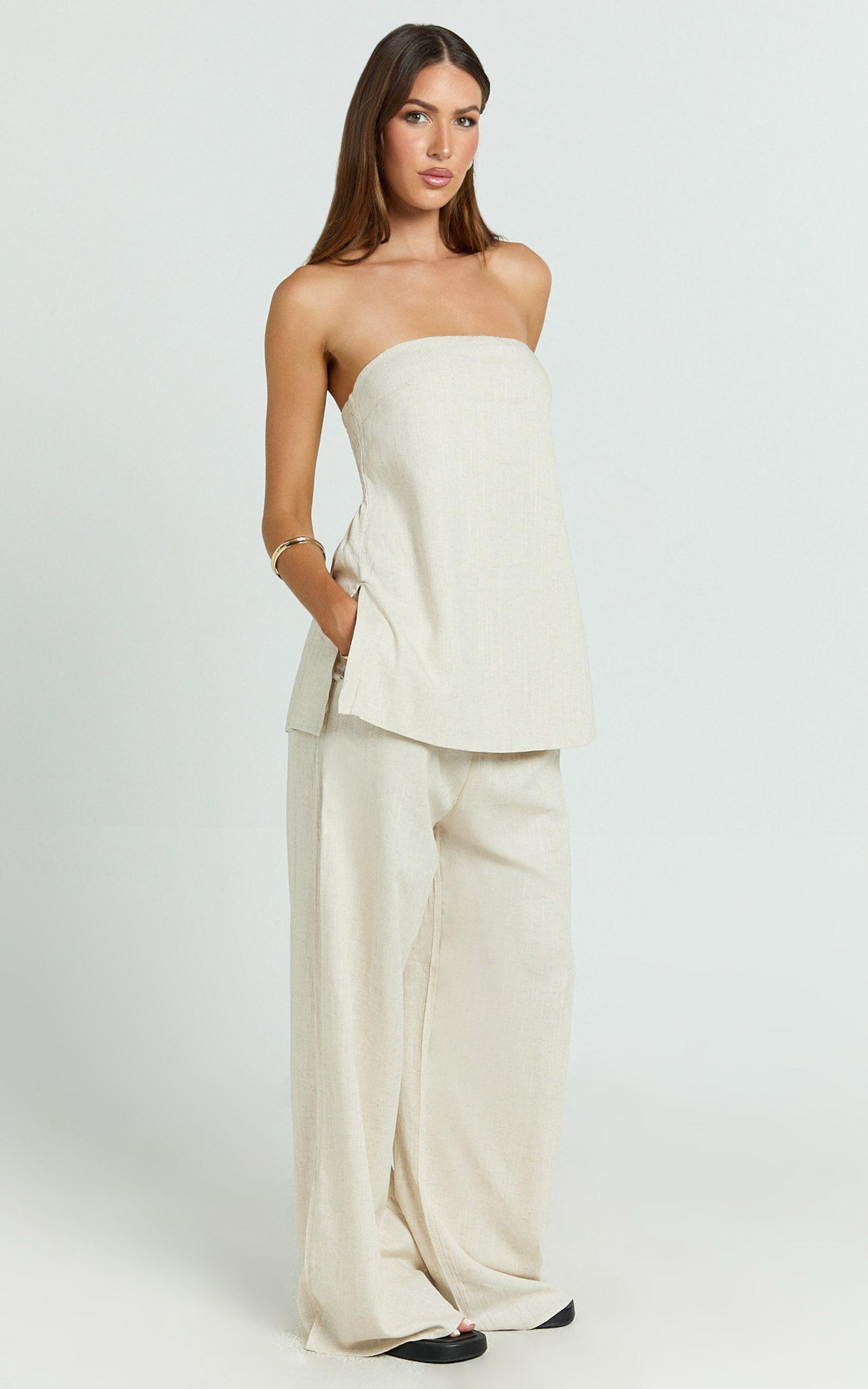 Kiesha Two Piece Set - Strapless Longline Top and Pants Set in Oatmeal Product Image