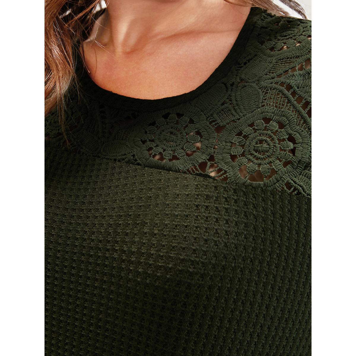 Plus Size Solid Crochet Lace Waffle Knit Sweatshirt Women ArmyGreen Elegant Patchwork Round Neck Dailywear Sweatshirts BloomChic 26/4X Product Image