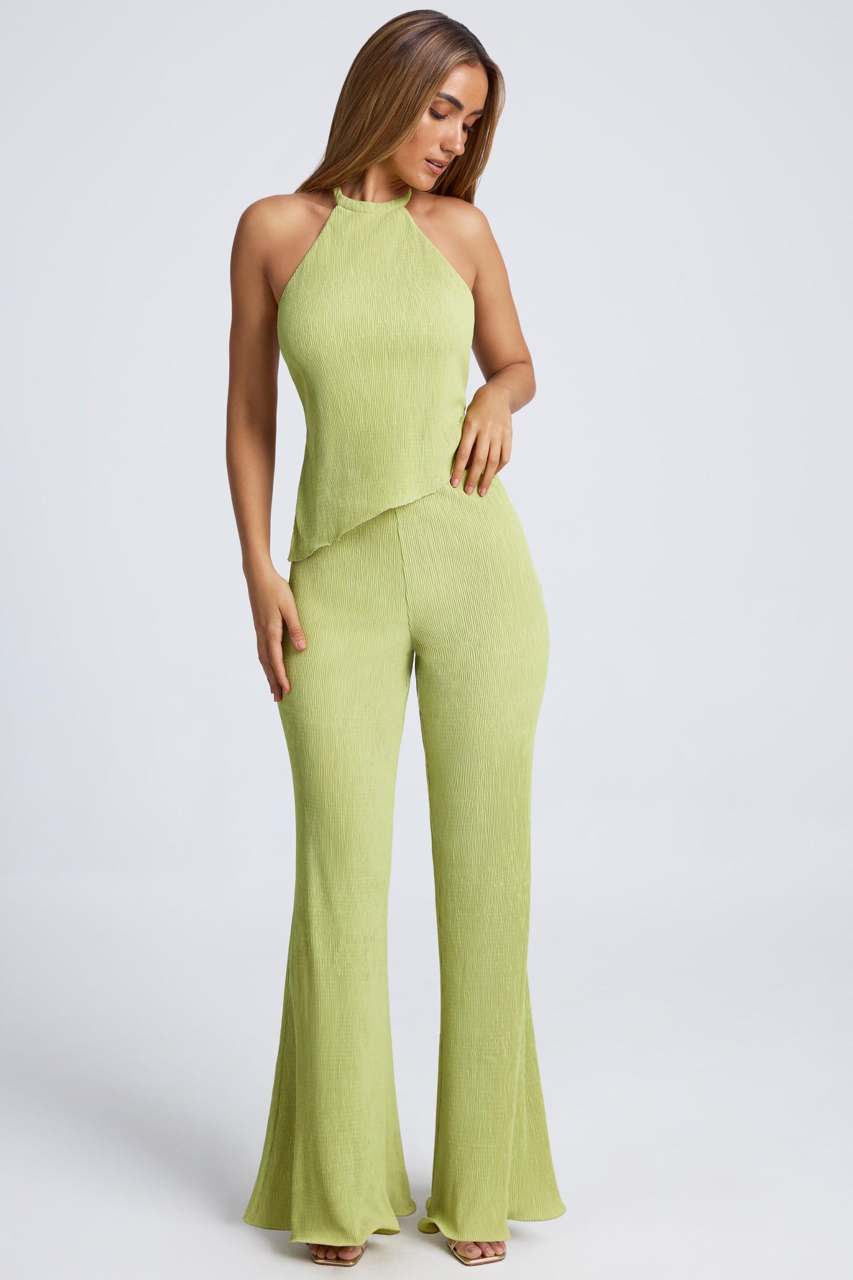 Open-Back Asymmetric Halterneck Top in Olive Green Product Image