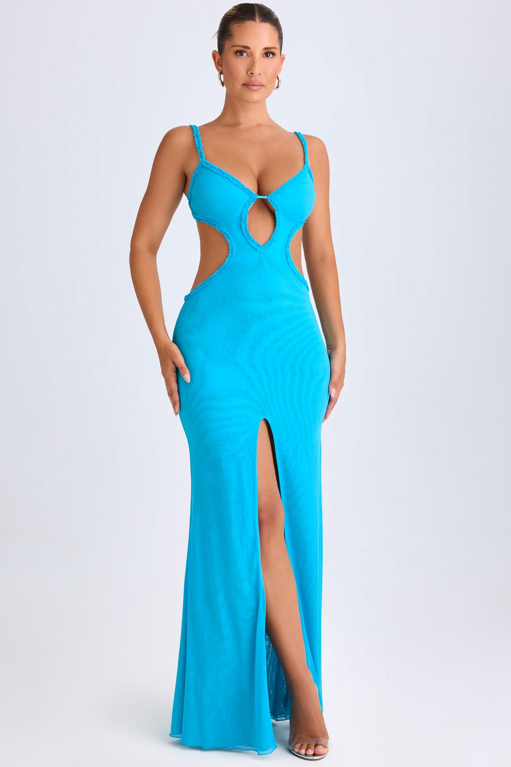 Ruffle-Appliqué Cut-Out Maxi Dress in Aqua Blue Product Image