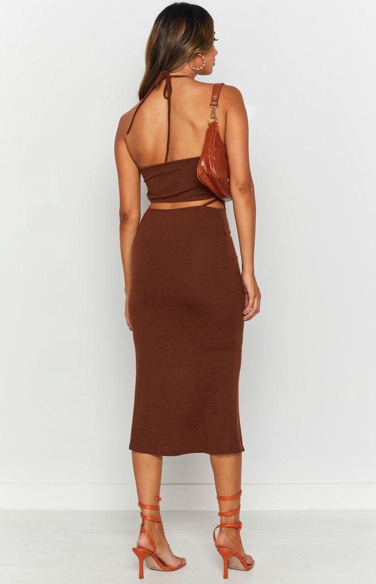 Quanah Cut Out Midi Dress Brown Product Image