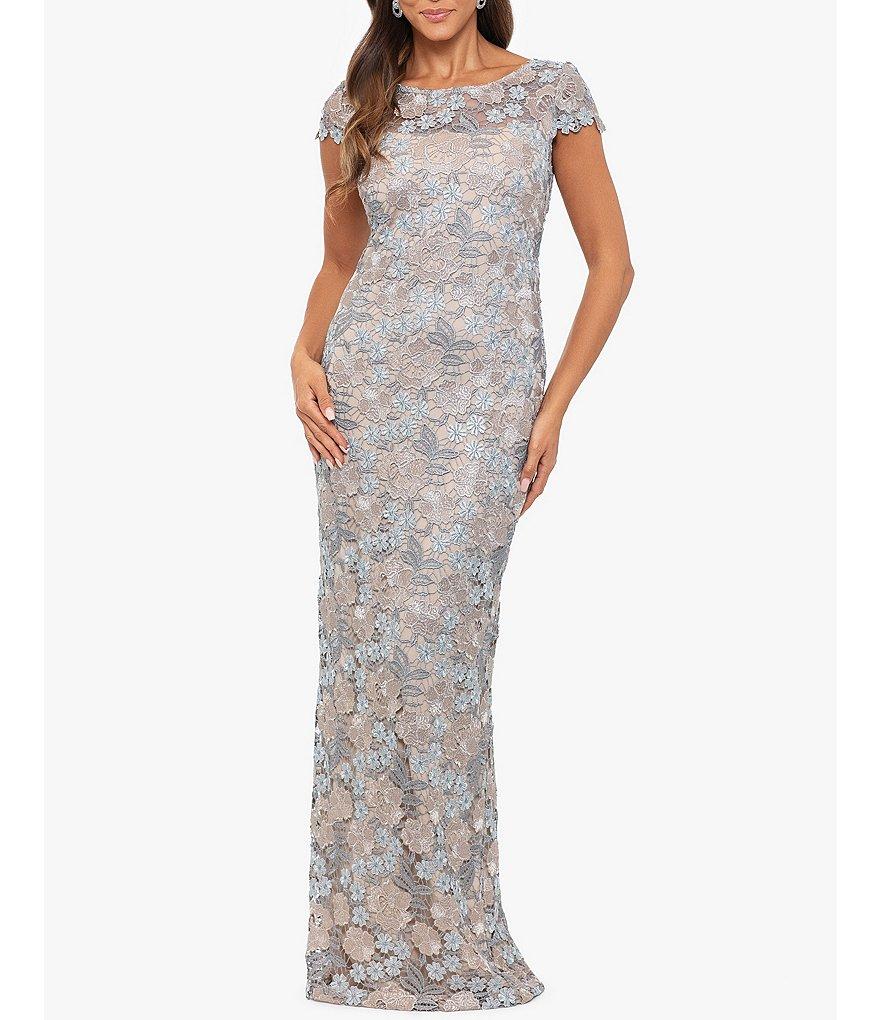 Xscape Lace Boat Neck Short Sleeve Back Slit Gown Product Image