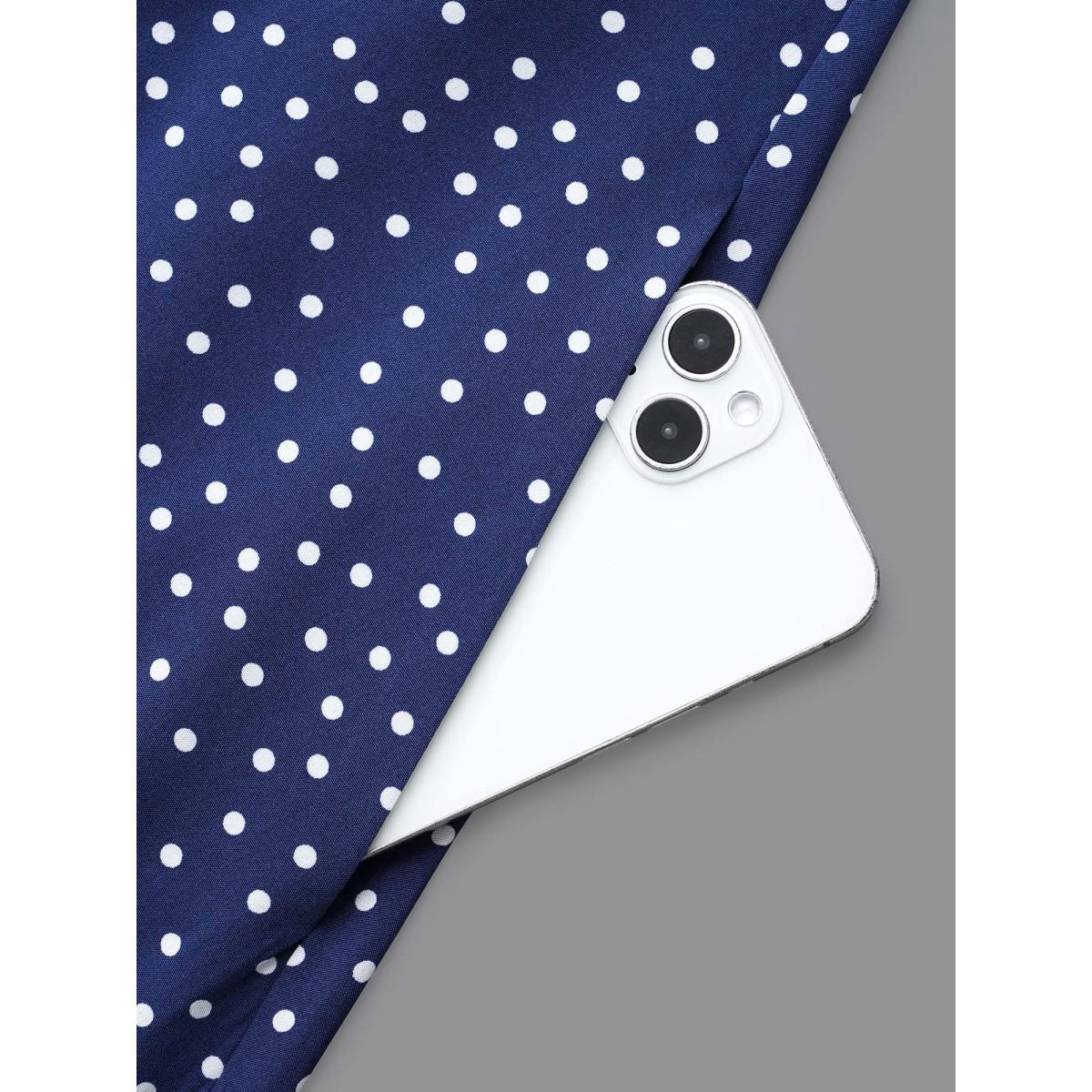 Plus Size Polka Dot Shirt Collar Belted Dress DarkBlue Women At the Office Belted Shirt collar Elbow-length sleeve Curvy BloomChic 30/6X Product Image