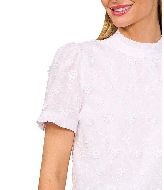 CeCe Ruffle Mock Neck Short Sleeve 3D Embroidered Flower Ruffle Top Product Image