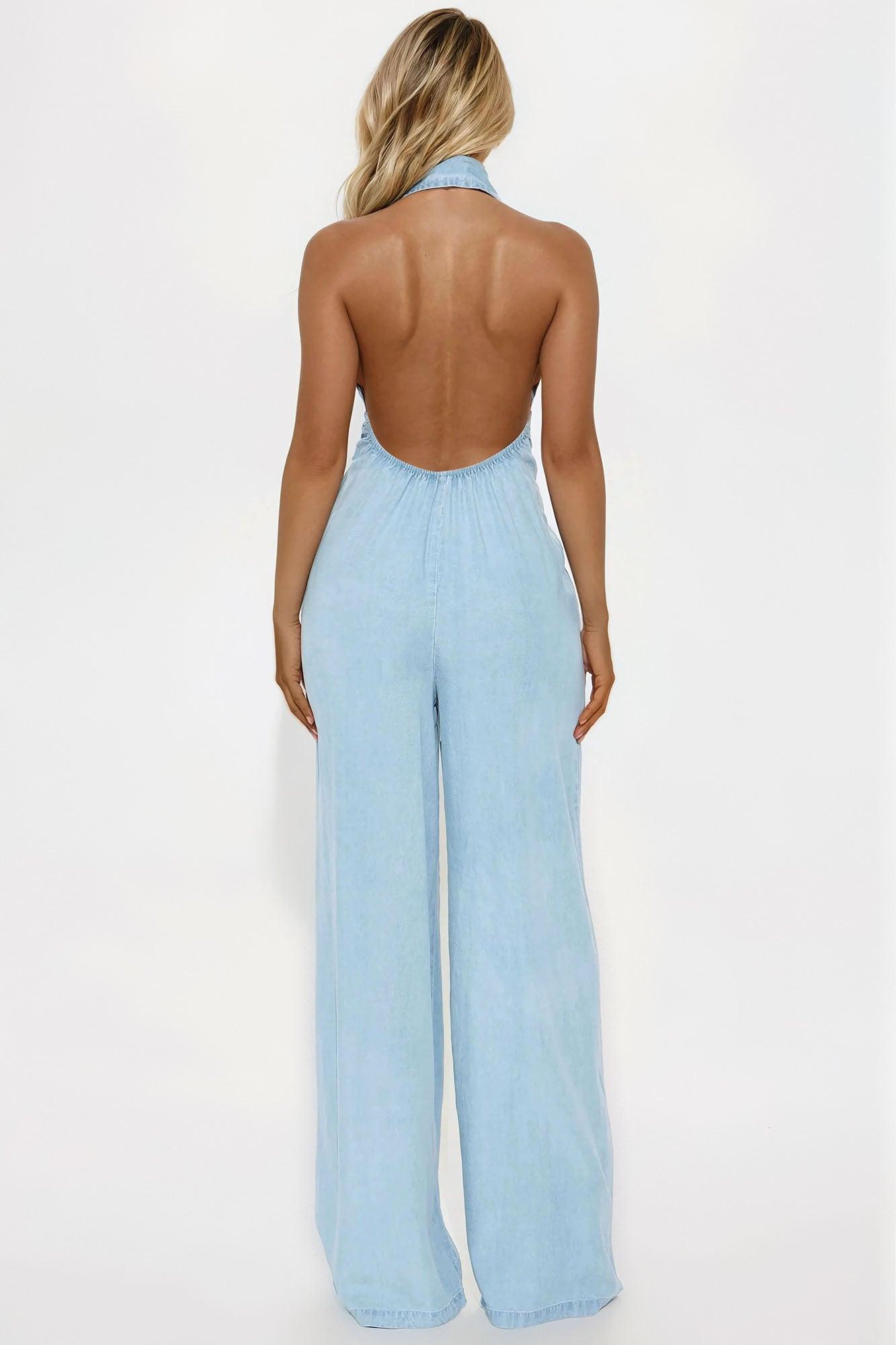 Cherie Chambray Halter Jumpsuit - Light Wash Female Product Image