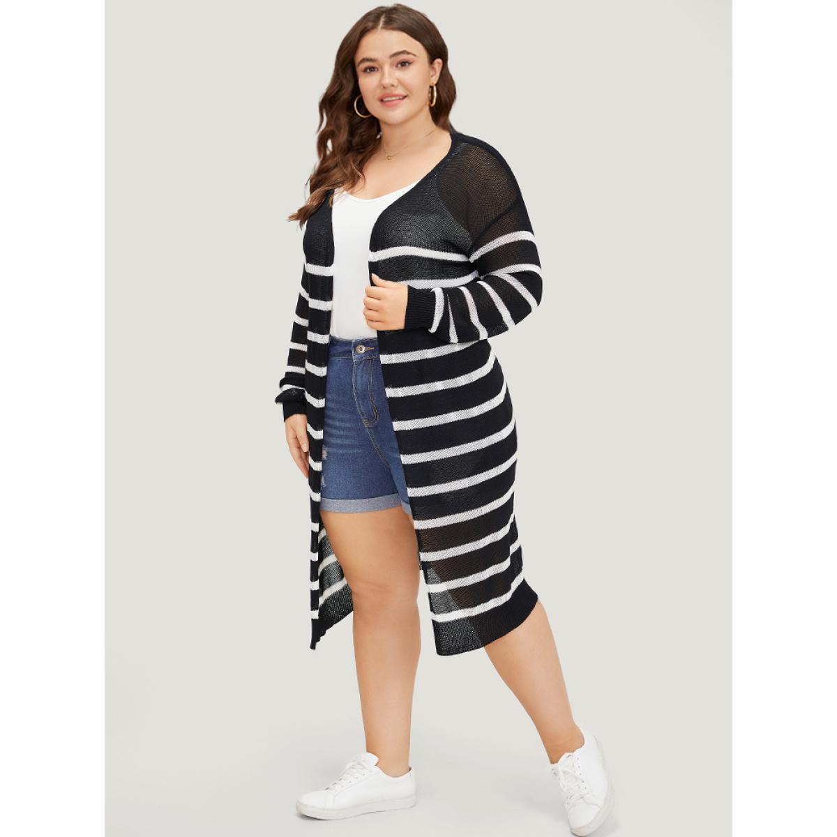 Plus Size Striped Open Front Elastic Cuffs Drop Shoulder Cardigan Black Women Casual Loose Long Sleeve Everyday Cardigans BloomChic 14-16/1X Product Image