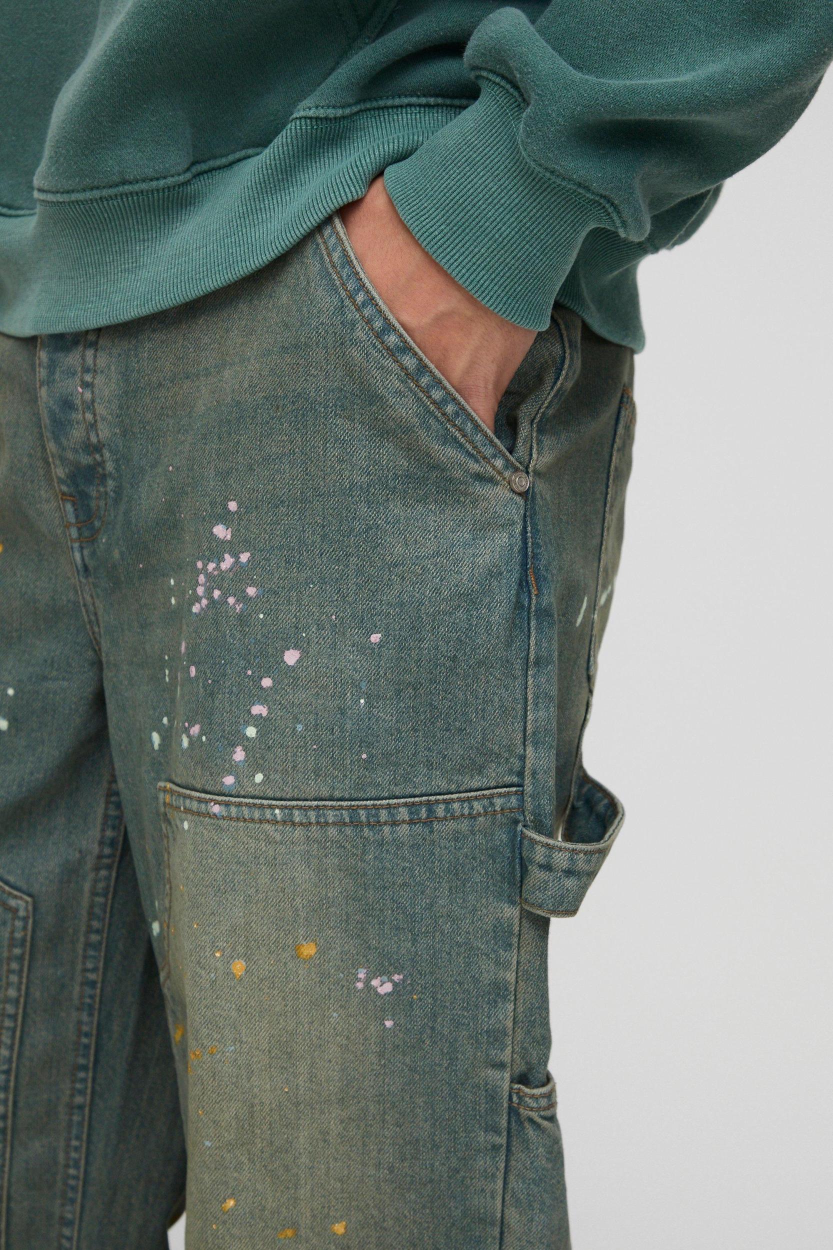 Relaxed Rigid Paint Splatter Carpenter Denim Jeans | boohooMAN USA Product Image
