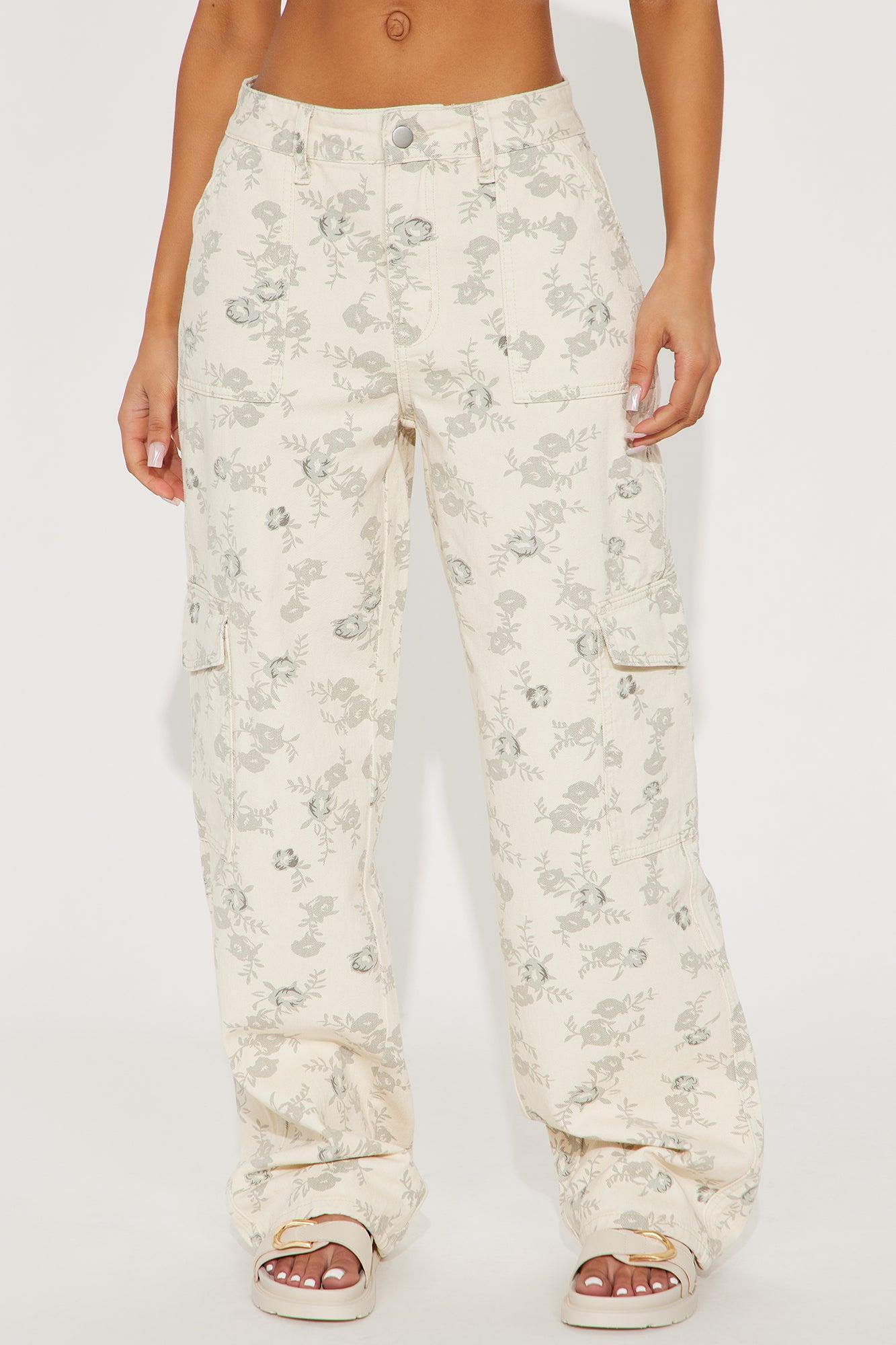 Budding Artist Printed Stretch Cargo Straight Leg Jeans - Ivory Product Image