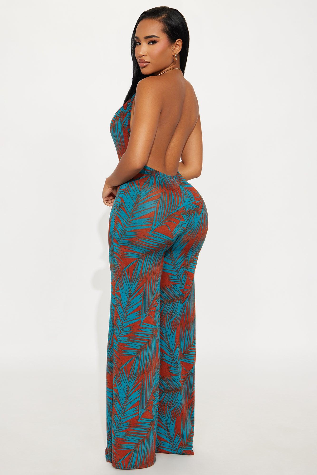 Relaxed And Ready Backless Deep V Jumpsuit - Teal/combo Female Product Image