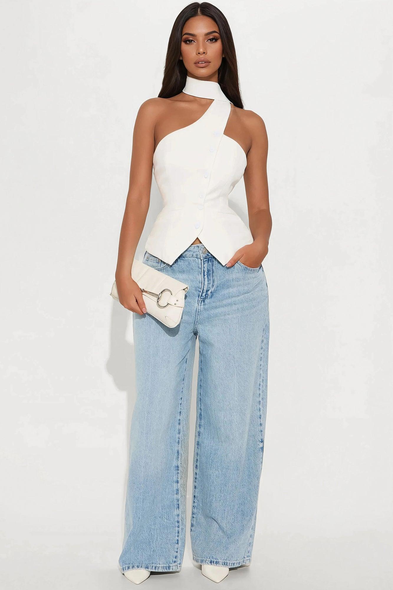 Classy And Corportate Asymmetrical Neck Tie Vest - Ivory Product Image