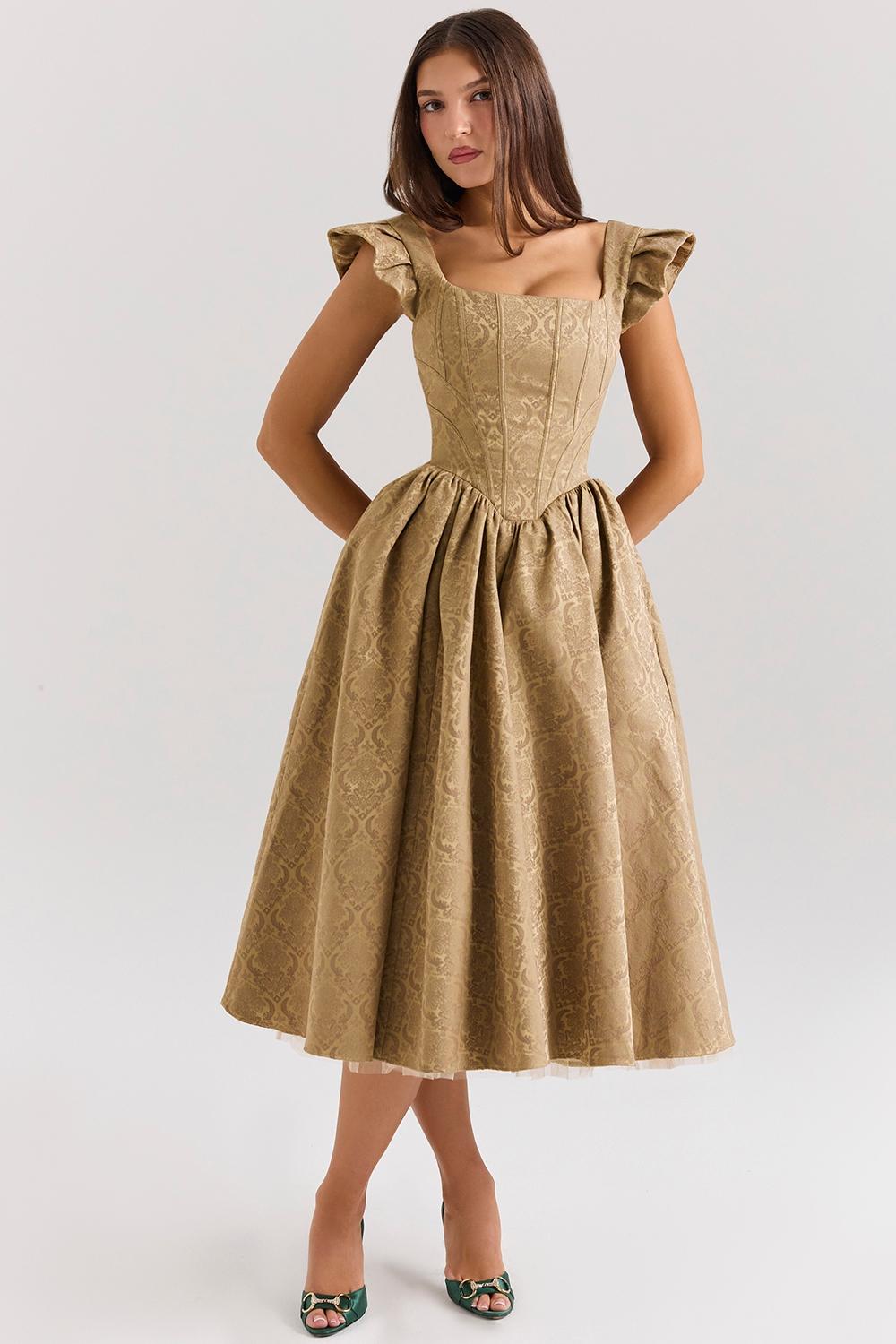 Alessandra  gold jacquard midi dress with detachable bow - sale Product Image