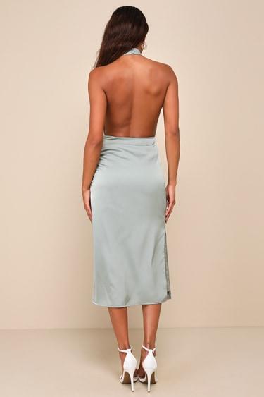 Gorgeous Season Sage Green Satin Backless Midi Dress Product Image