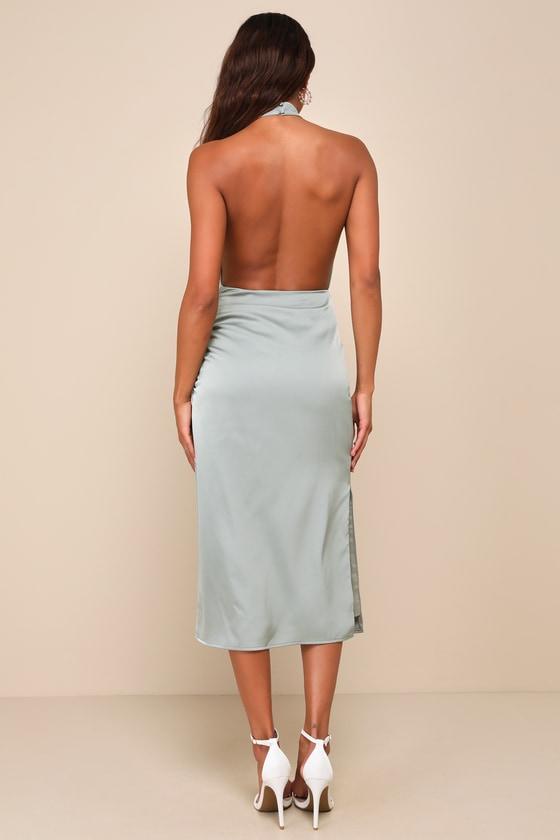 Gorgeous Season Sage Green Satin Backless Midi Dress Product Image