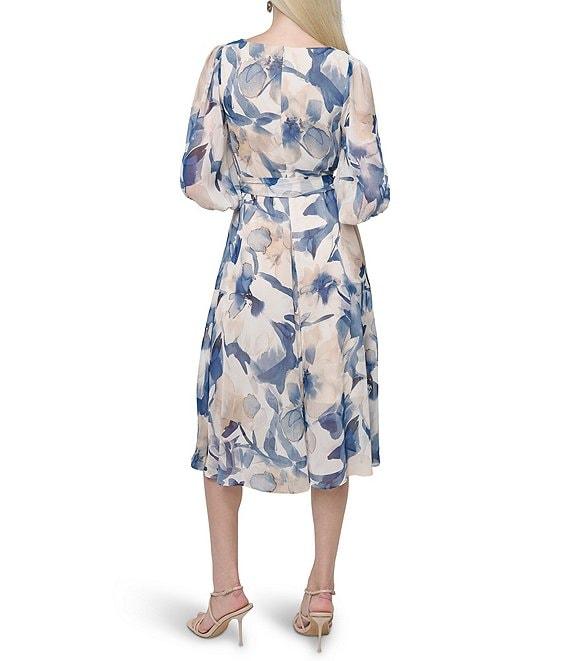 DKNY by Donna Karan Woven Floral Print V Neck 3/4 Sleeve Faux Wrap Fit and Flare Midi Dress Product Image