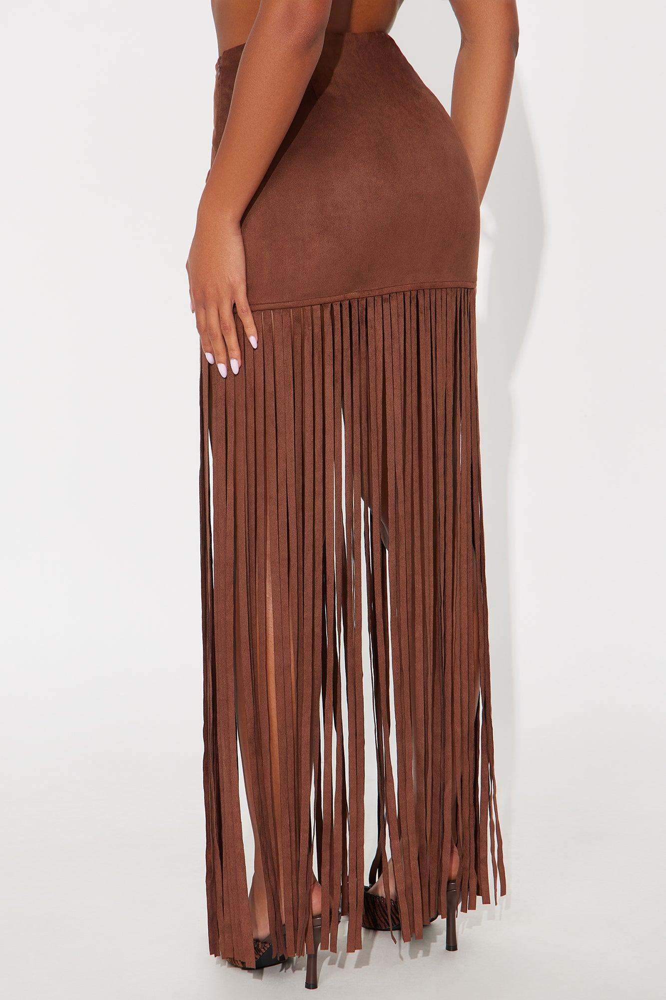 On The Fringe Faux Suede Maxi Skirt - Brown Female Product Image