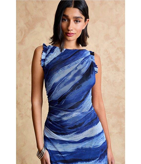 Donna Morgan Power Mesh Multi Print Boat Neck Sleeveless Sheath Midi Dress Product Image