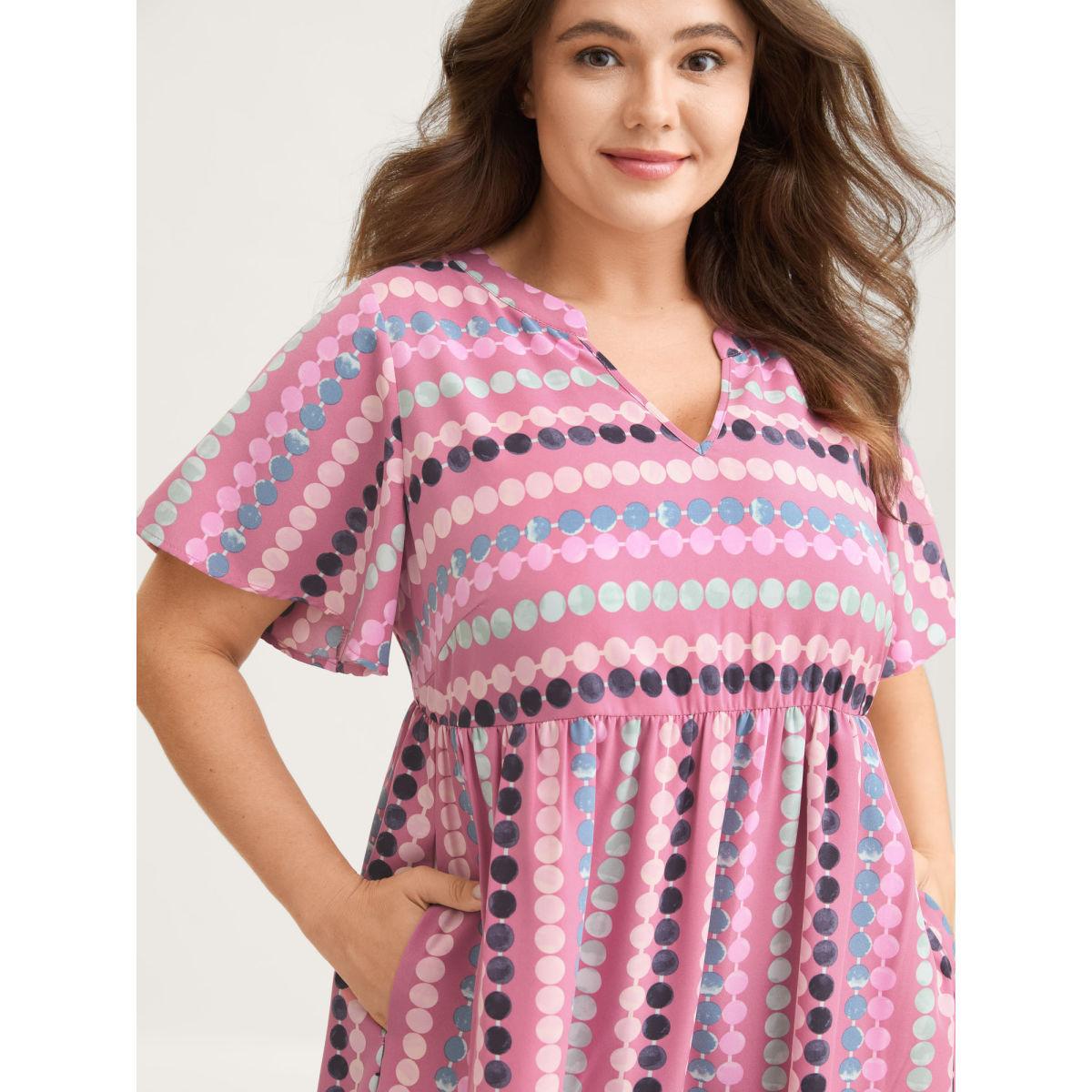 Plus Size Dot Print Elastic Waist Split Neck Midi Dress DustyPink Women Casual Ruffles Flat collar with V-notch Short sleeve Curvy BloomChic 12/L Product Image