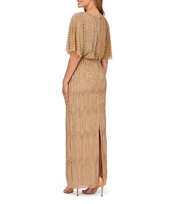 Adrianna Papell Beaded Short Flutter Sleeve V-Neck Blouson Gown Product Image
