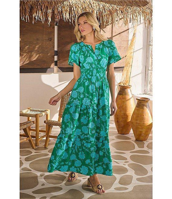 Sugarlips Palmer Floral Print V-Neck Short Sleeve Tiered Poplin Maxi Dress Product Image