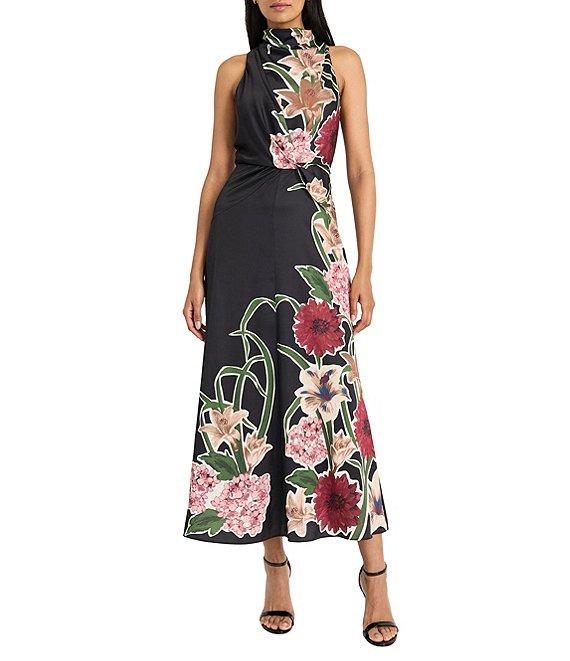 Maggy London Mock Neck Floral Print Satin Charmeuse Twist Front Blouson Maxi Dress Product Image