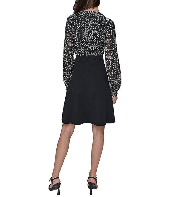 KARL LAGERFELD PARIS Keyhole Neck Embroidered Dot Mixed Media Aline Dress Product Image