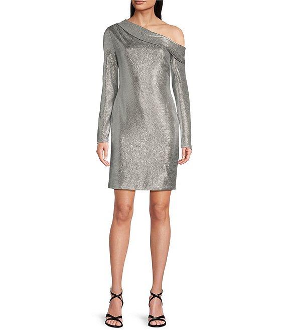 Lauren Ralph Lauren Asymmetrical Neck Long Sleeve Metallic Sheath Dress Product Image