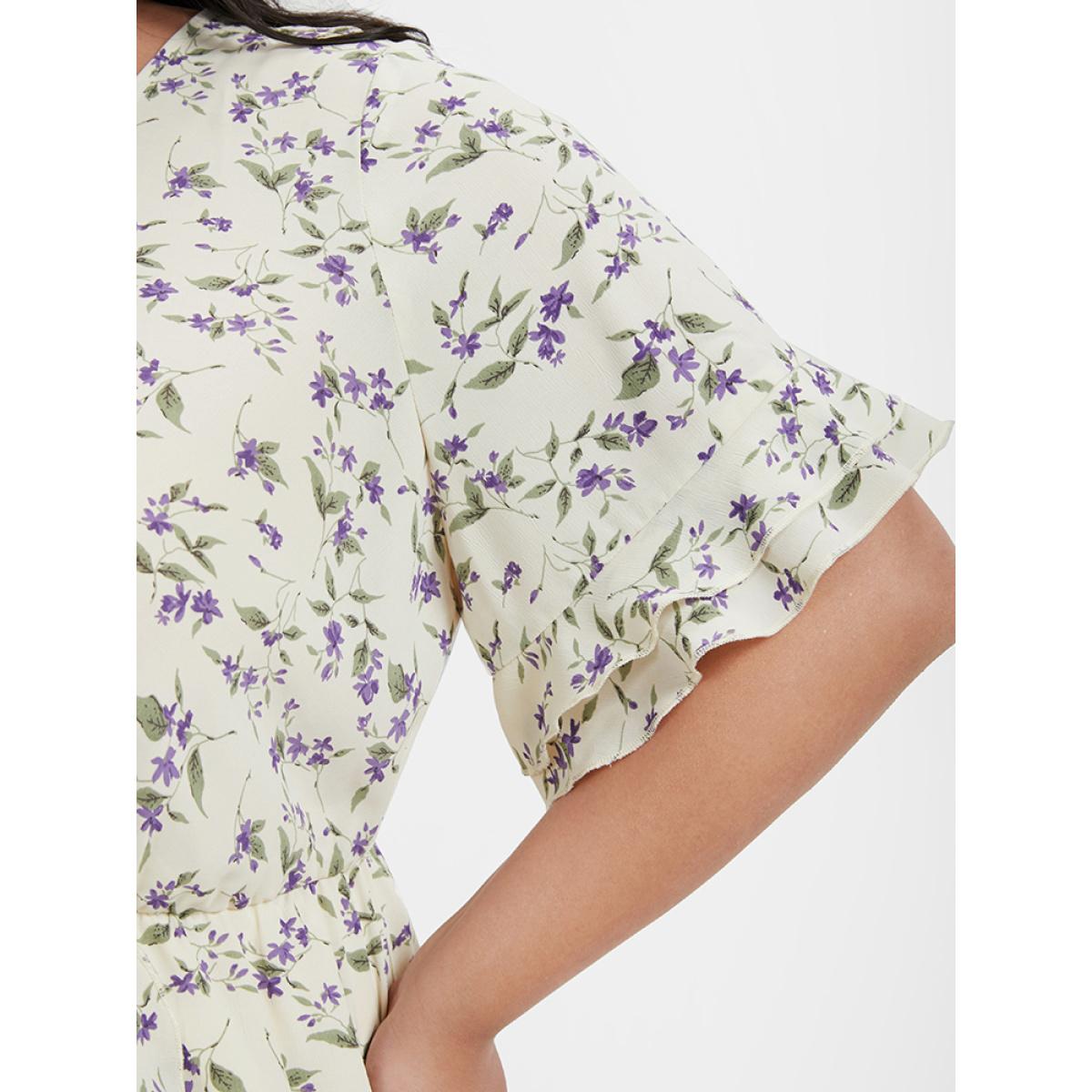 Plus Size Ditsy Floral Arc Hem Ruffled Wrap Dress Apricot Women Elegant Printed V-neck Short sleeve Curvy Midi Dress BloomChic 14-16/1X Product Image