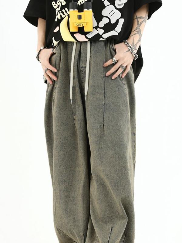 Men's Vintage Distressed Pleated Loose Jeans Product Image