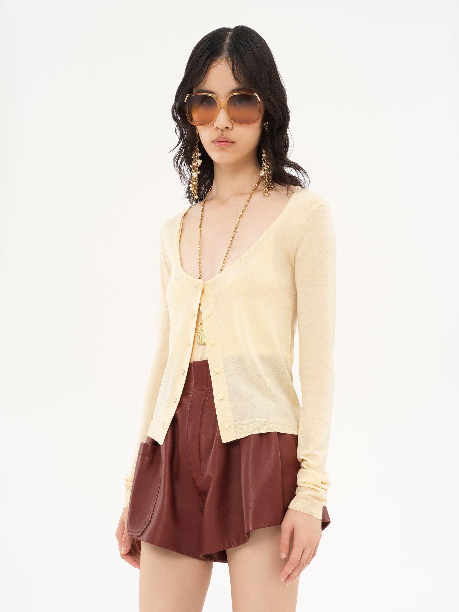 Scoop-neck fitted cardigan in superfine wool knit Product Image