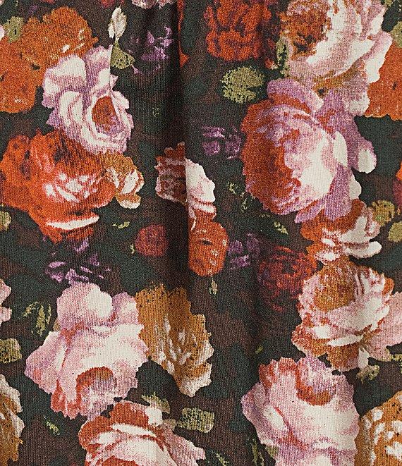 Intro Plus Size Knit Jersey Fudge Rose Print 3/4 Sleeve Pleated Neck Tee Product Image