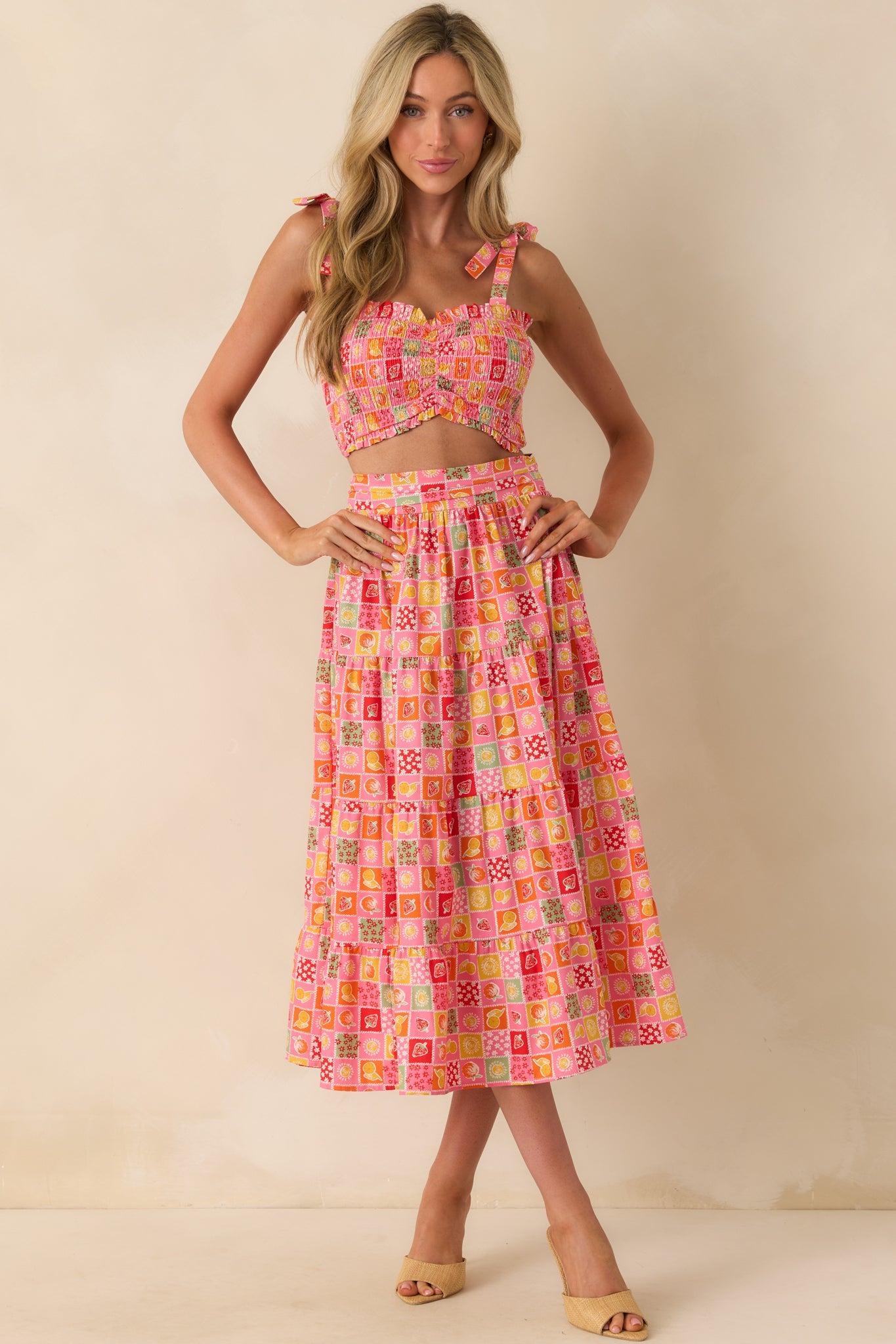 Shore Thing Pink Multi Patchwork Print Smocked Crop Top Product Image