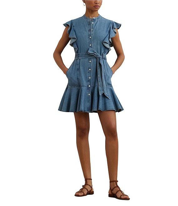 Lauren Ralph Lauren Denim Banded Collar Flutter Sleeve Belted Shirt Dress Product Image