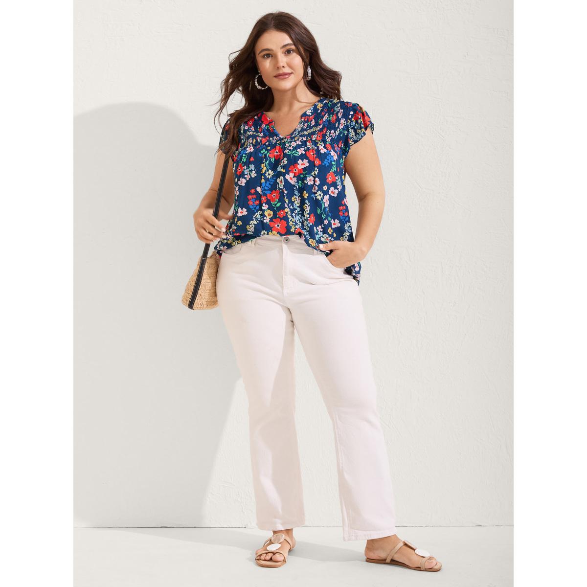 Plus Size DarkBlue Rayon Playful Floral Shirred Blouse Women Cap Sleeve Notched collar Vacation Blouses BloomChic 12/L Product Image