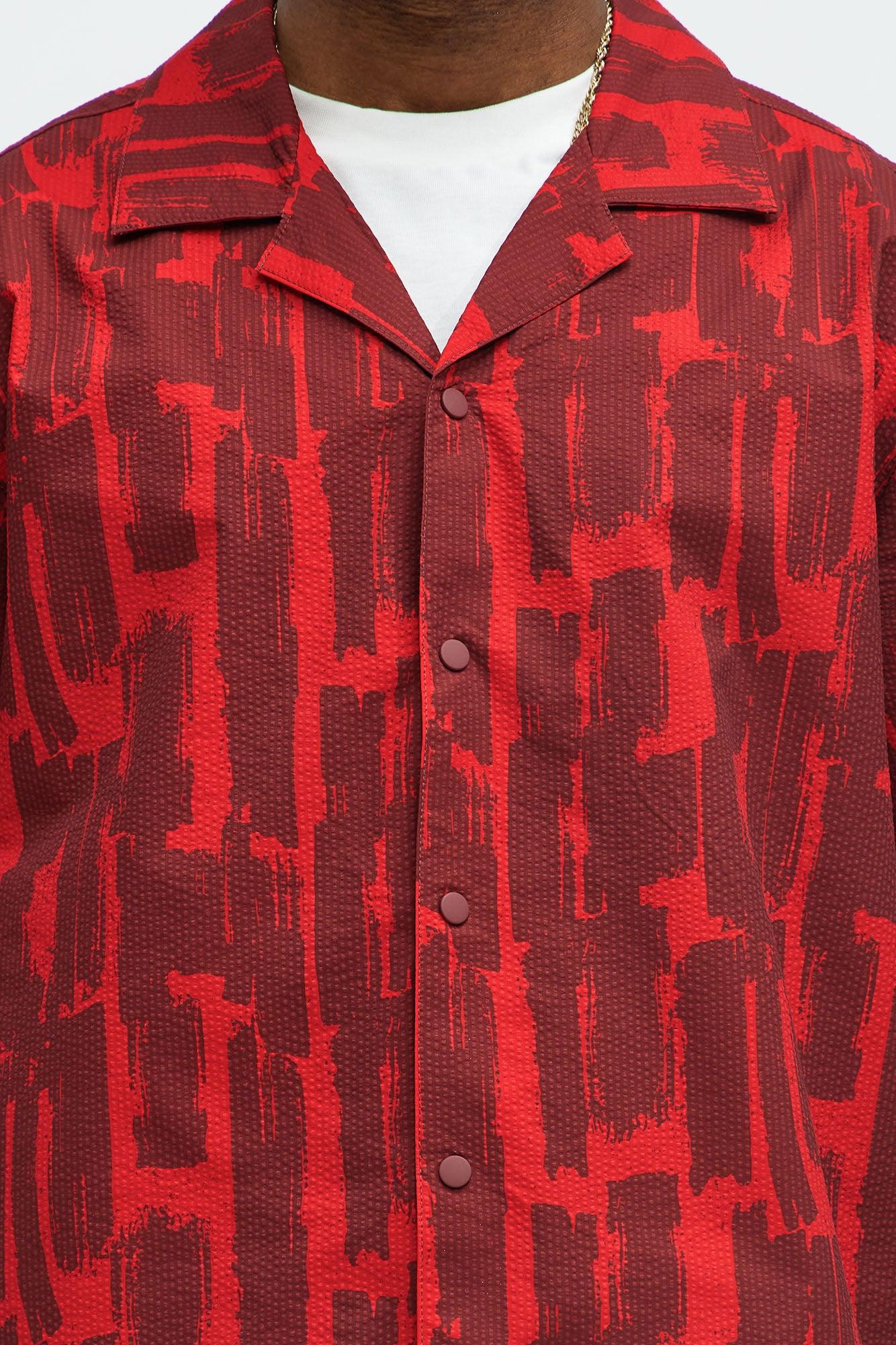 Seersucker Printed Short Sleeve Cuban Collar Shirt - Red/combo Product Image
