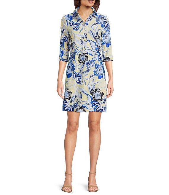 Jude Connally Susanna Blooming Botanics Print Point Collar 3/4 Sleeve Polished Classic Shirt Dress Product Image